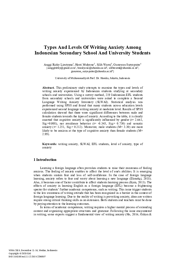 (PDF) Types And Levels Of Writing Anxiety Among Indonesian Secondary ...