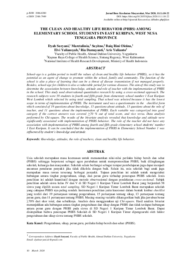 (PDF) The Clean and Healthy Life Behavior (PHBS) Among Elementary ...