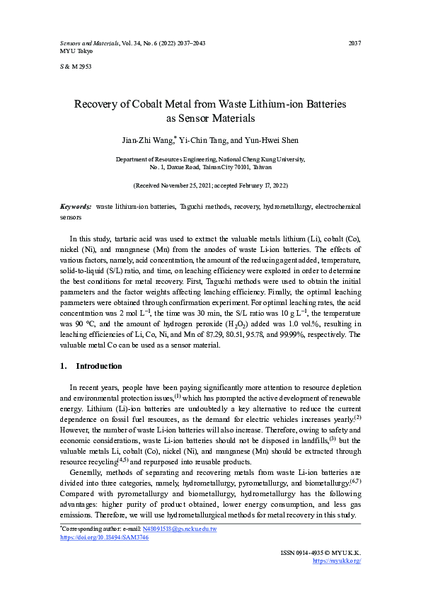 (PDF) Recovery of Cobalt Metal from Waste Lithium-ion Batteries as ...