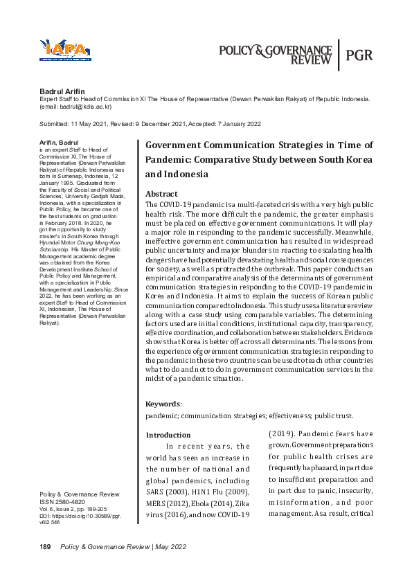 (PDF) Government Communication Strategies in Time of Pandemic ...