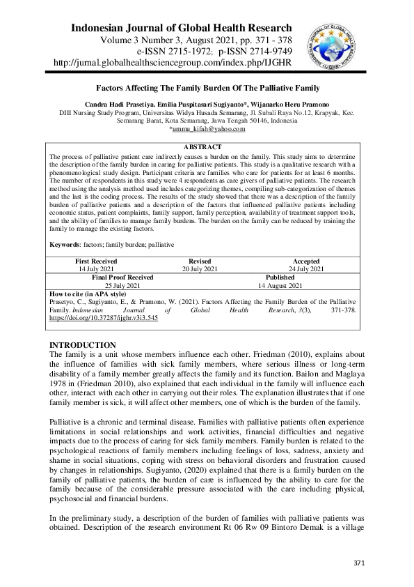 (PDF) Factors Affecting the Family Burden of the Palliative Family