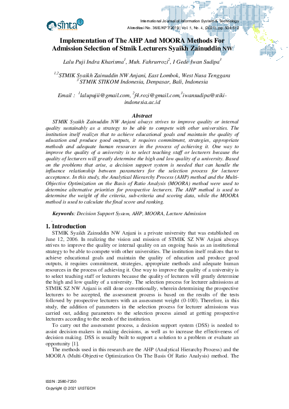 (PDF) Implementation of The AHP And MOORA Methods For Admission ...