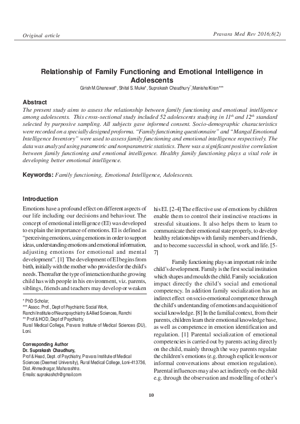 (PDF) Relationship of Family Functioning and Emotional Intelligence in ...
