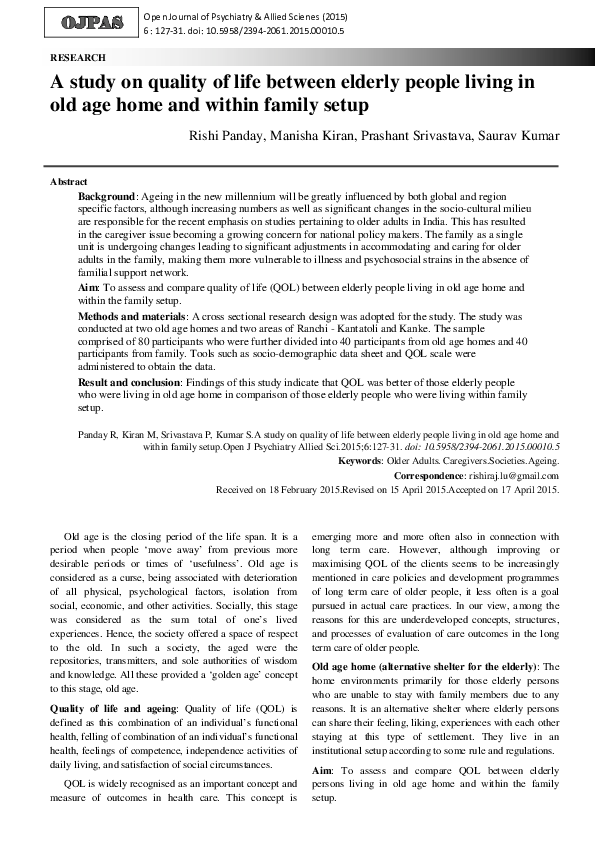 (PDF) A study on quality of life between elderly people living in old ...