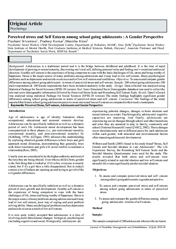 (PDF) Perceived stress and Self Esteem among school going adolescents ...
