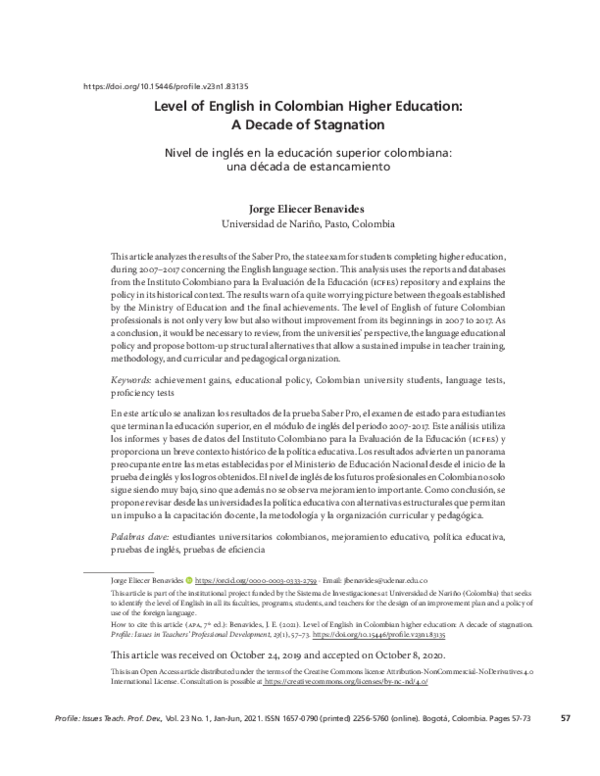 (PDF) Level of English in Colombian Higher Education A Decade of