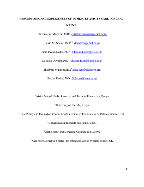 (PDF) Perceptions and experiences of dementia and its care in rural Kenya