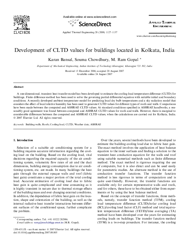 (PDF) Development of CLTD values for buildings located in Kolkata, India