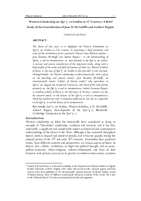 (PDF) Western Scholarship on Qur'anic Studies in 21 st Century: A Brief ...