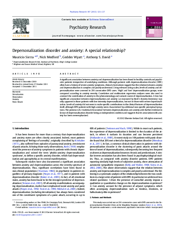 (PDF) Depersonalization disorder and anxiety: A special relationship?