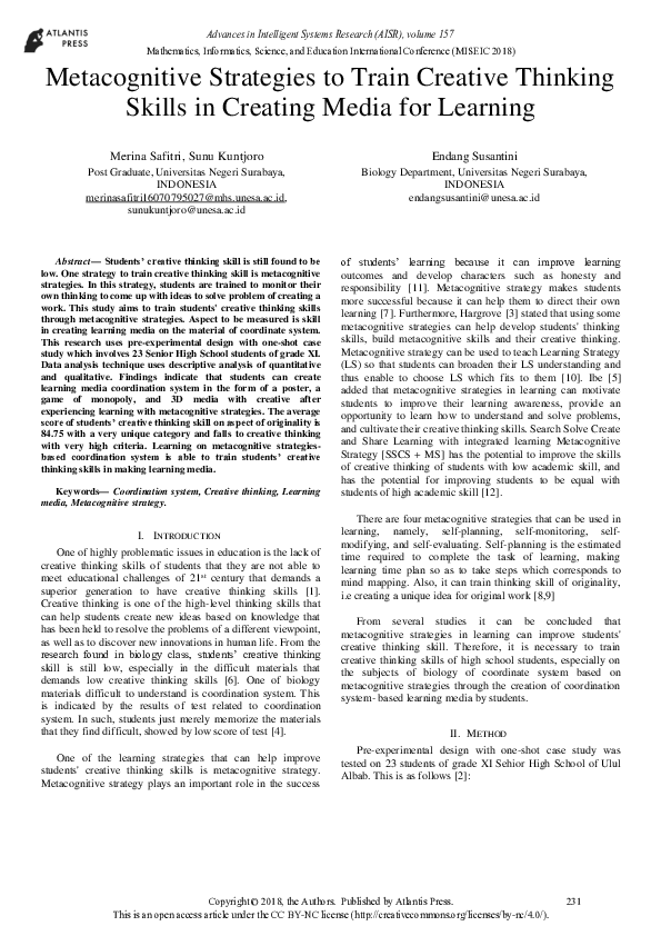 (PDF) Metacognitive Strategies to Train Creative Thinking Skills in ...