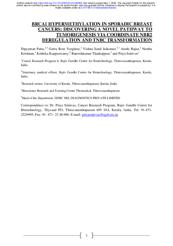 (PDF) BRCA1 Hypermethylation In Sporadic Breast Cancers: Discovering A ...