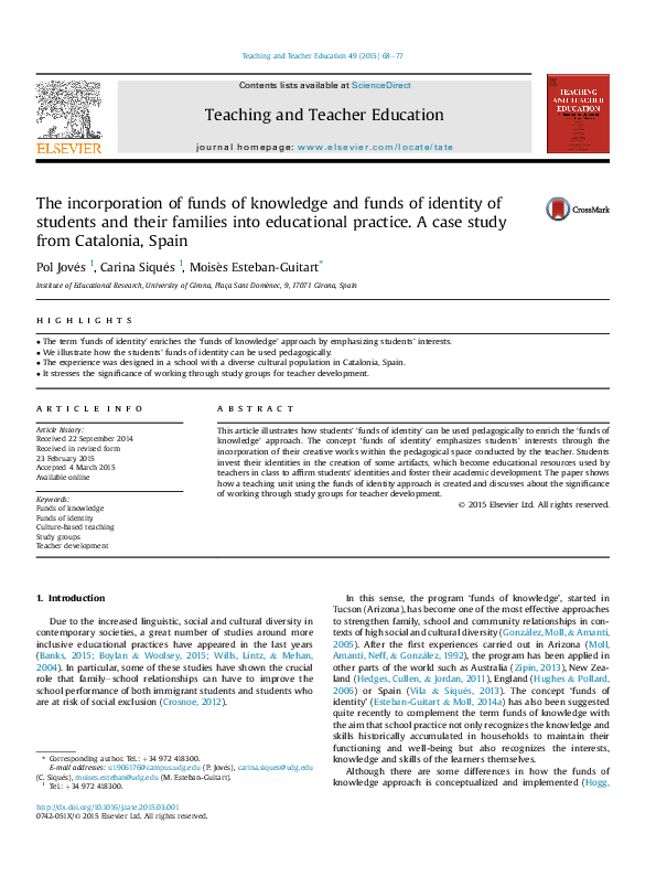 (PDF) The incorporation of funds of knowledge and funds of identity of ...