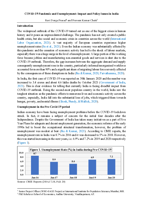 (PDF) COVID-19 Pandemic and Unemployment: Impact and Policy Issues in India