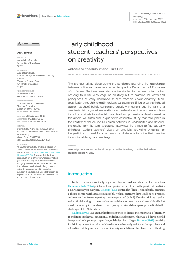 (PDF) Early childhood student-teachers’ perspectives on creativity