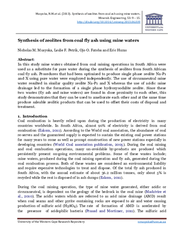 (PDF) Synthesis of zeolites from coal fly ash using mine waters