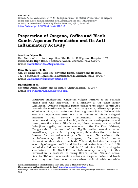 (PDF) Preparation of oregano, coffee and black cumin aqueous
