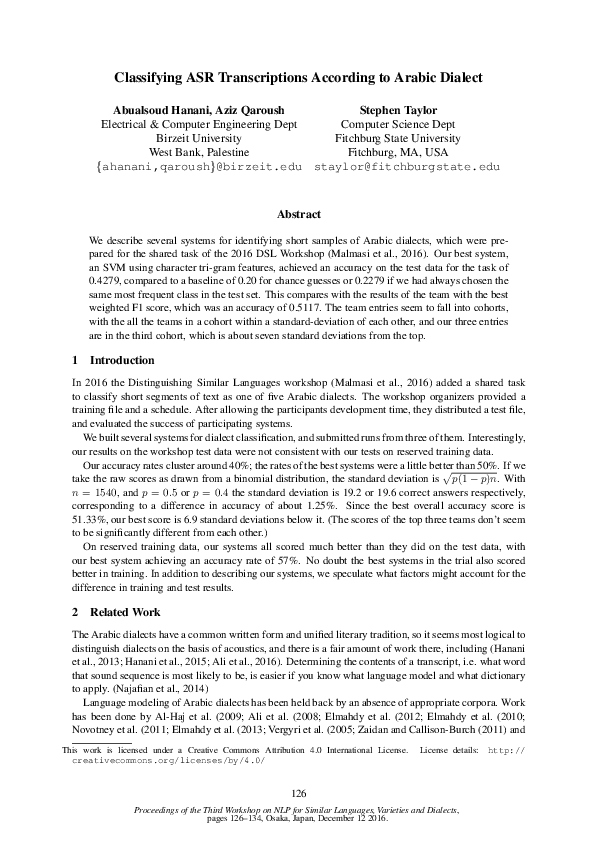 (PDF) Classifying ASR Transcriptions According to Arabic Dialect