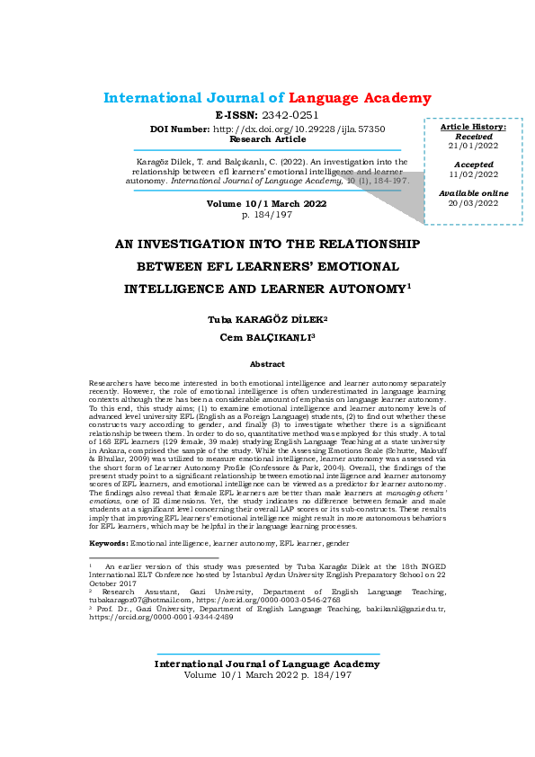 (PDF) An Investigation Into the Relationship Between Efl Learners ...