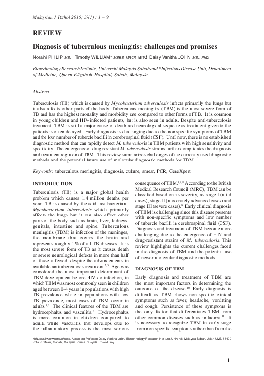 (PDF) Diagnosis of tuberculous meningitis: challenges and promises