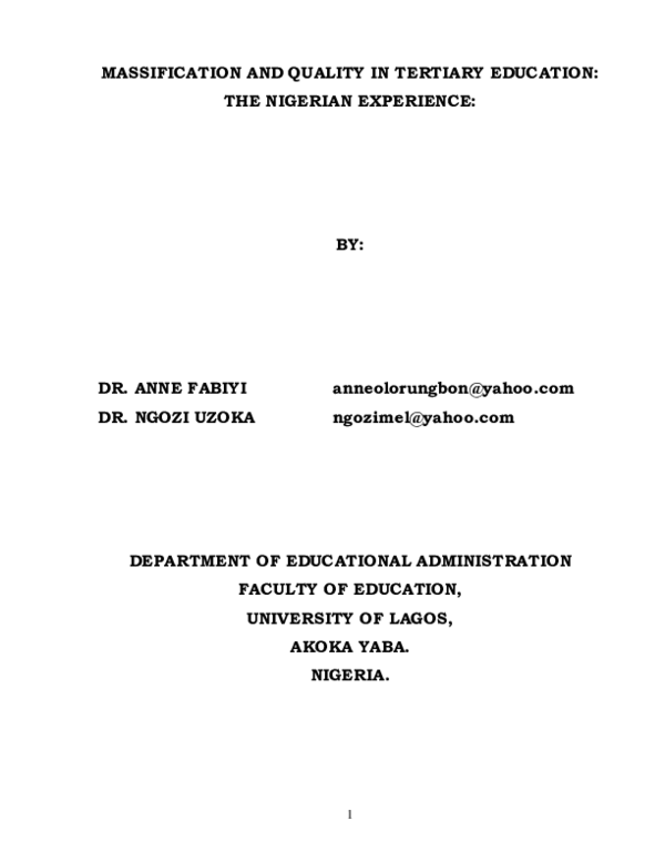 (PDF) Massification and quality in tertiary education: the Nigerian ...