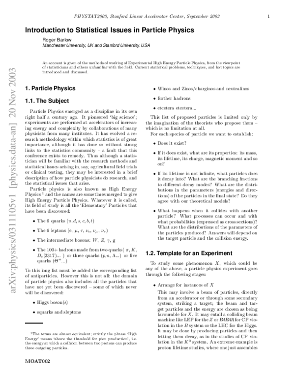 (PDF) Introduction to Statistical Issues in Particle Physics