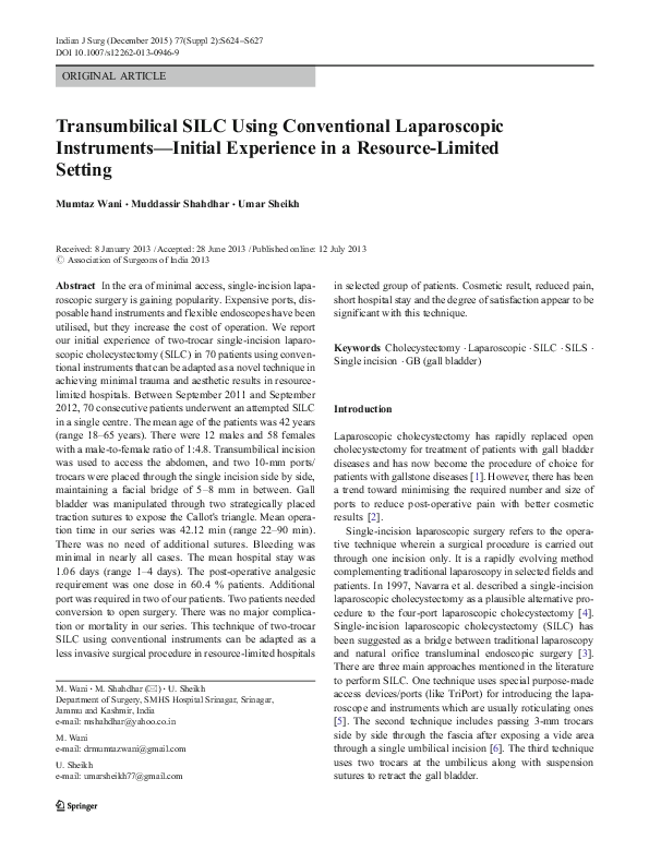 (PDF) Transumbilical SILC Using Conventional Laparoscopic Instruments ...