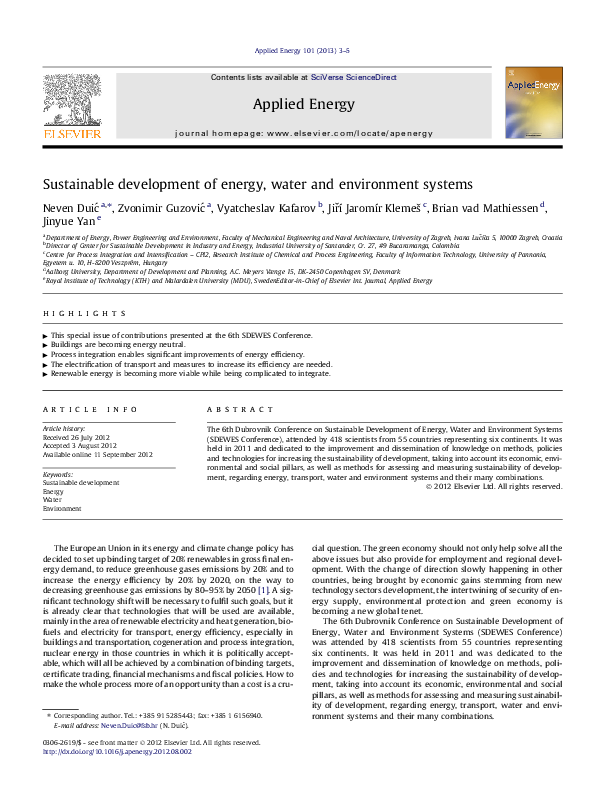 (PDF) Sustainable development of energy, water and environment systems