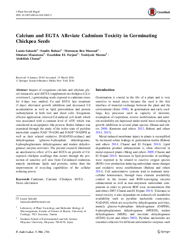 (PDF) Calcium and EGTA Alleviate Cadmium Toxicity in Germinating ...