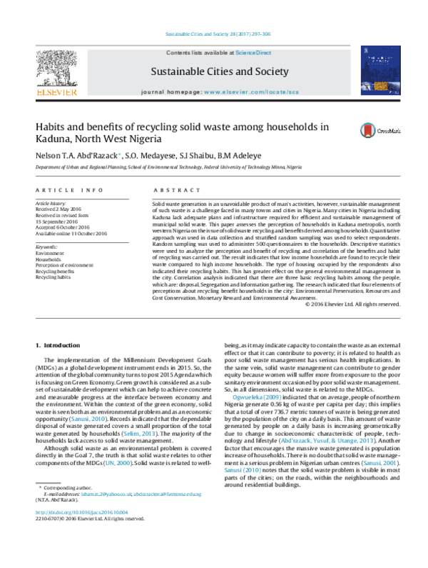 (PDF) Habits and benefits of recycling solid waste among households in ...