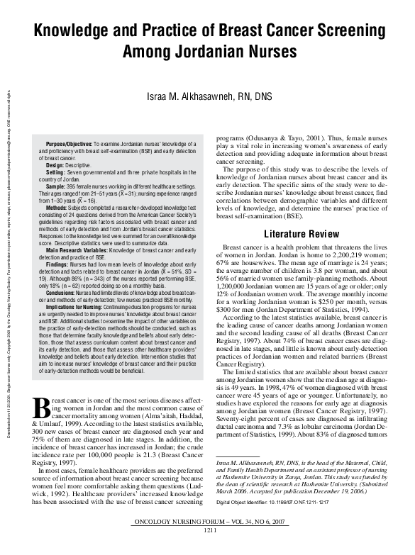 (PDF) Knowledge and Practice of Breast Cancer Screening Among Jordanian ...