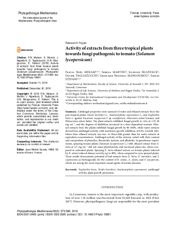 (PDF) Activity of extracts from three tropical plants towards fungi ...