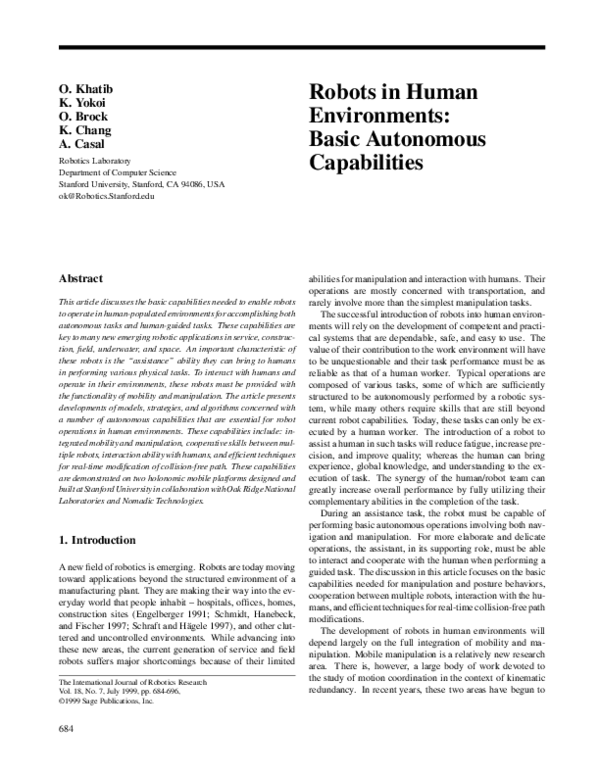 (PDF) Robots in Human Environments: Basic Autonomous Capabilities