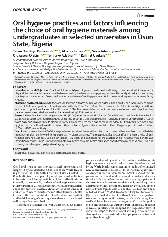 (PDF) Oral hygiene practices and factors influencing the choice of oral ...