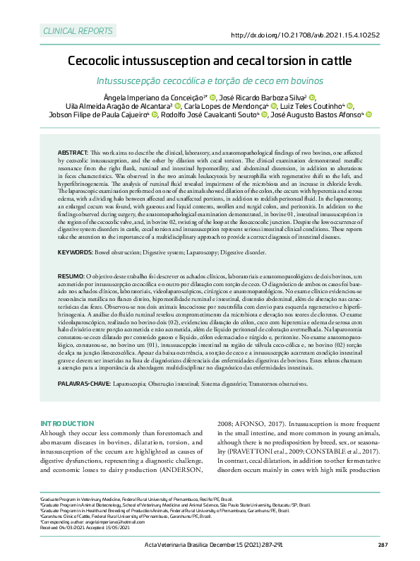(PDF) Cecocolic intussusception and cecal torsion in cattle