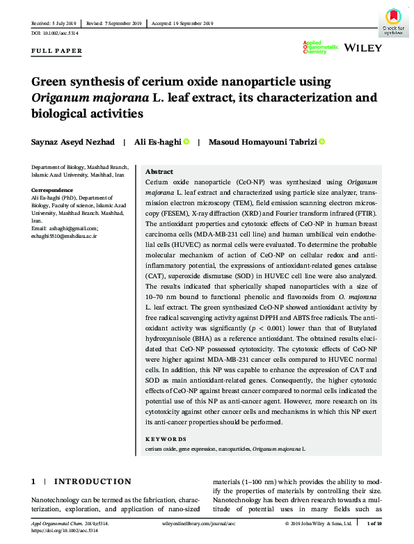 (PDF) Green synthesis of cerium oxide nanoparticle using Origanum ...