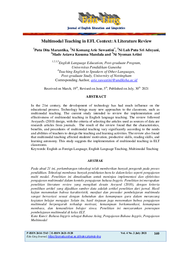 (PDF) Multimodal Teaching in EFL Context: A Literature Review