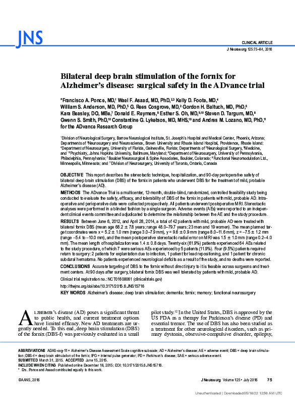 (PDF) Bilateral deep brain stimulation of the fornix for Alzheimer's ...