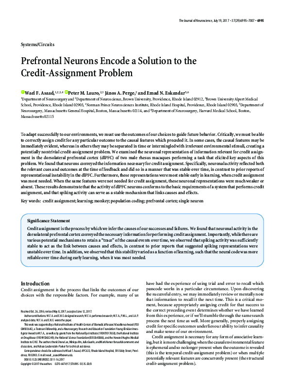 (PDF) Prefrontal Neurons Encode a Solution to the Credit-Assignment Problem