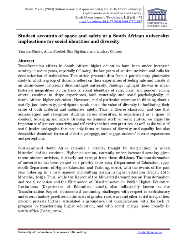 (PDF) Student accounts of space and safety at a South African ...