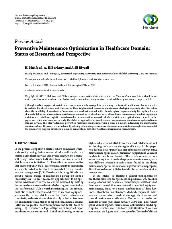 (PDF) Preventive Maintenance Optimization in Healthcare Domain: Status ...
