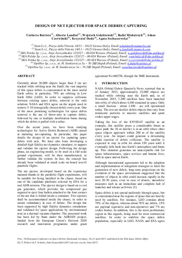 (PDF) Design of net ejector for space debris capturing