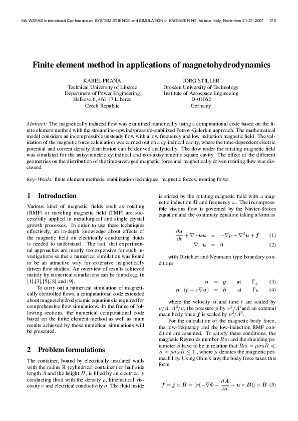 (PDF) Finite element method in applications of magnetohydrodynamics