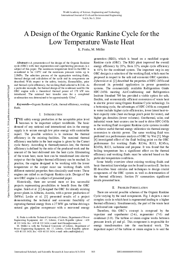 (PDF) A Design Of The Organic Rankine Cycle For The Low Temperature ...
