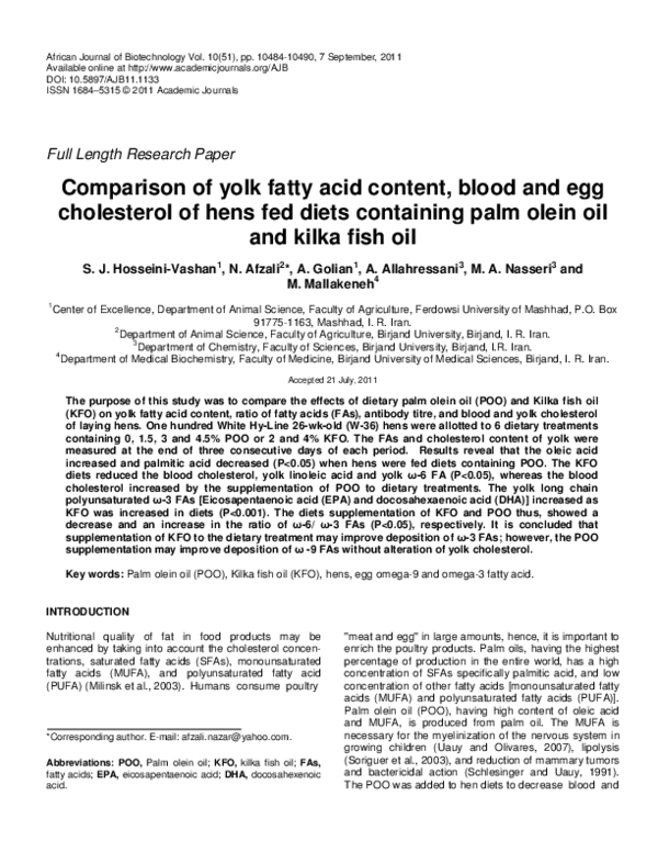 (PDF) Comparison of yolk fatty acid content, blood and egg cholesterol ...