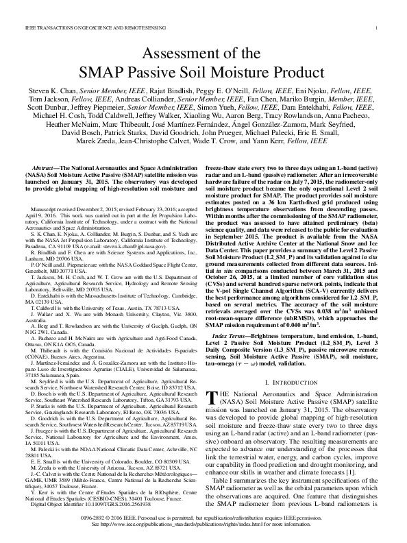 (PDF) Assessment of the SMAP Passive Soil Moisture Product | John ...