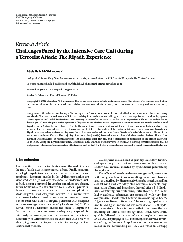 (PDF) Challenges Faced by the Intensive Care Unit during a Terrorist ...