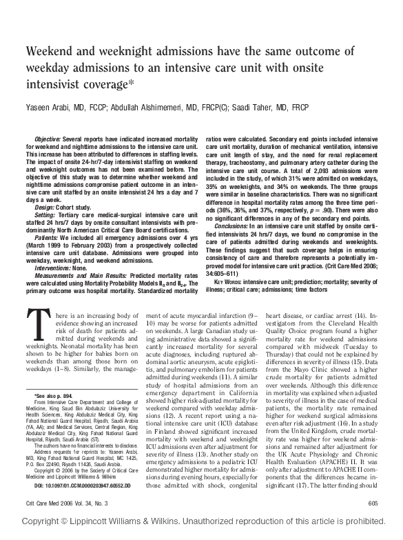 (PDF) Weekend and weeknight admissions have the same outcome of weekday ...