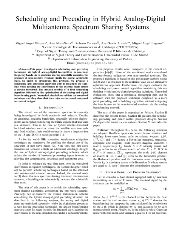 Scheduling and precoding in hybrid analog-digital multiantenna spectrum sharing systems
