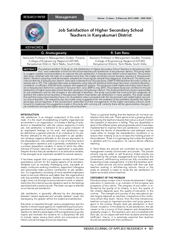 (PDF) Job Satisfaction of Higher Secondary School Teachers in ...
